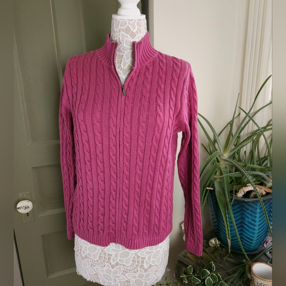 L.L. Bean Raspberry Cable Knit Cardigan - Picture 14 of 15